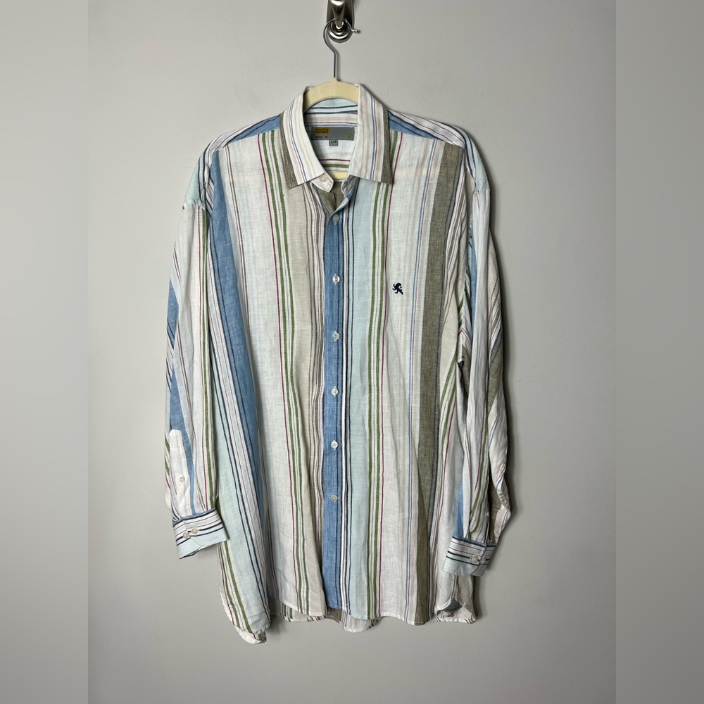 Private Member Mens 100% Linen Striped Long Sleeve Button Down Shirt Large